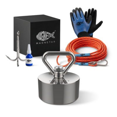 Product photo of Pro fishing magnet set with Hardcore Neodymium magnet, rope, gloves, grappling hook, threadlocker and storage box for magnet fishing recovery.
