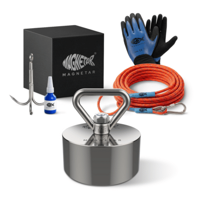Expert Magnet fishing kit with powerful allround 360° Terror magnet, rope, gloves, grappling hook and threadlocker in gift box product photo