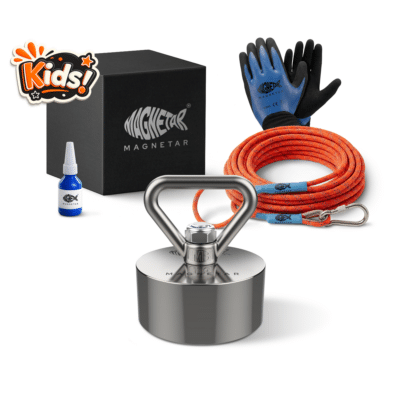 Kids fishing magnet kit with easy magnet, rope, gloves and threadlocker, complete magnet fishing set for beginners and family outdoor adventures