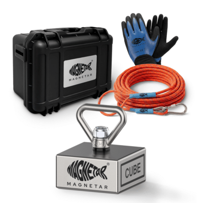 Product photo of Cube 360° fishing magnet kit with neodymium magnet, braided rope, waterproof gloves and protective hard case.