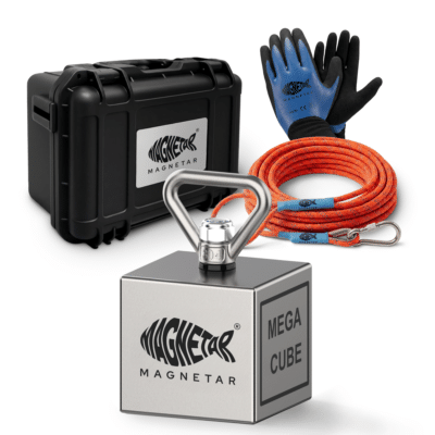 Product photo of Mega Cube magnet fishing kit with neodymium cube magnet, braided rope, waterproof gloves and protective hard case for outdoor treasure hunting